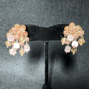 Vintage White Gold Tone Peach Glass Bead Cluster Waterfall Clip On  Earrings